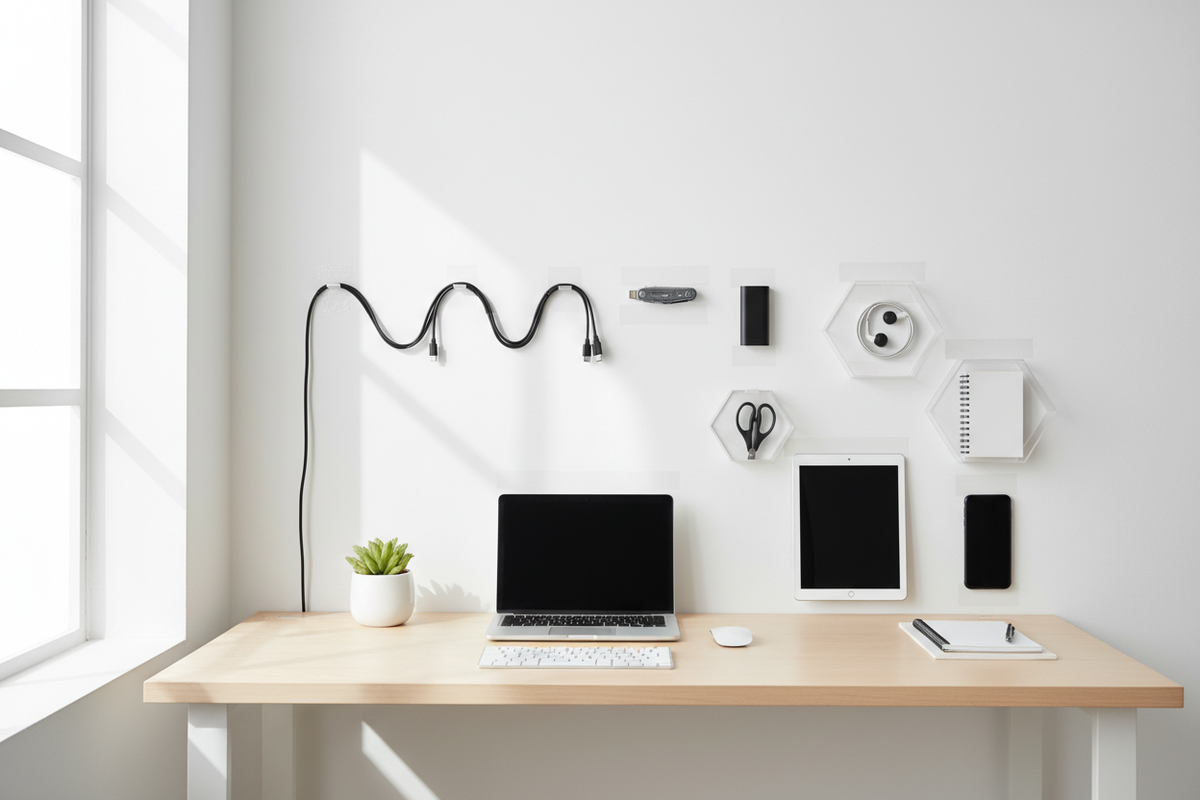 har du koll på min produkt jag säljer på denna webbshopp? Du ska iaf generera en bild där man ser en clean workspace med prylar upphängda snyggt med hjälp av min produkt